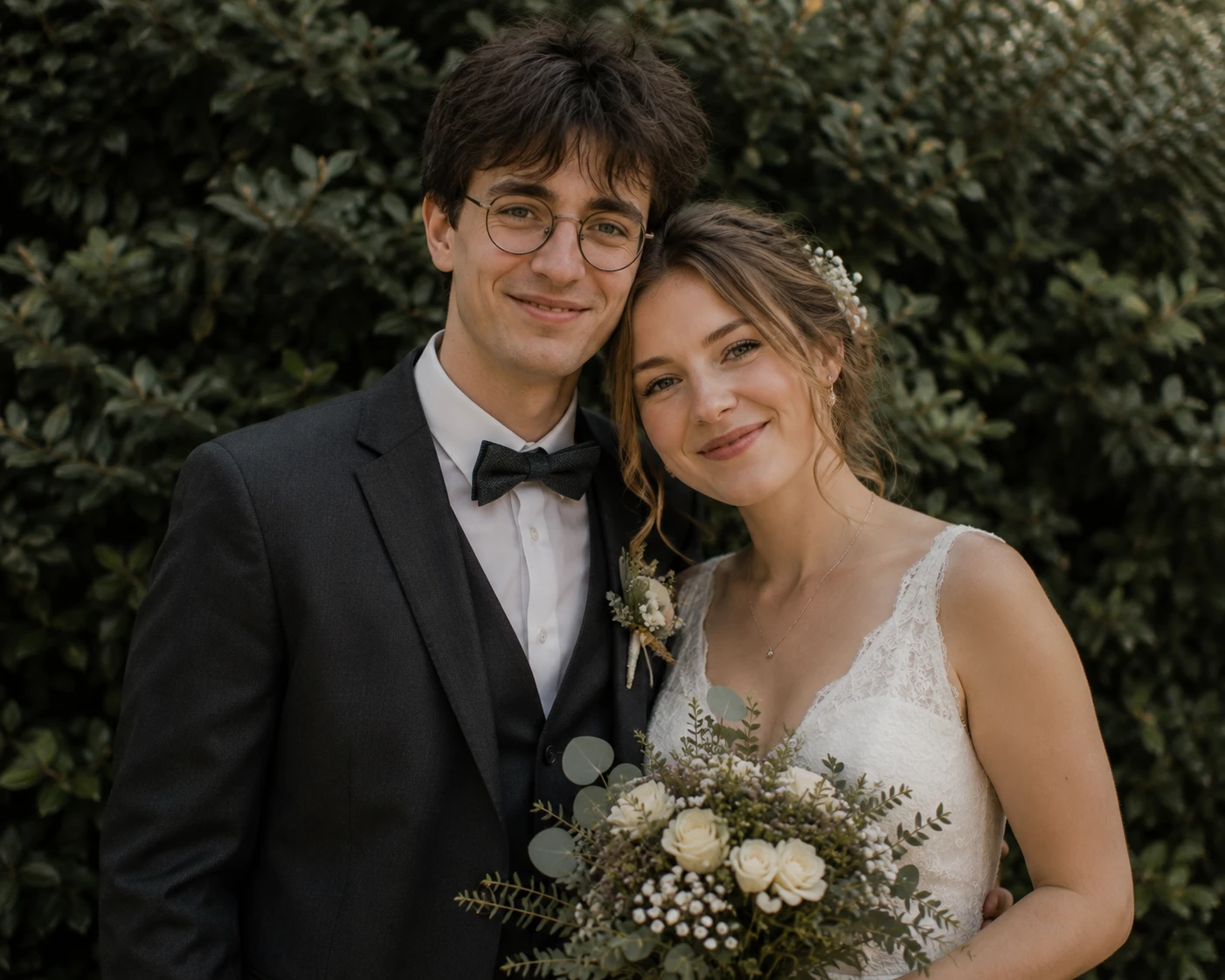 Sarah und Patrick als junges Brautpaar vor einem grünen Gartenbusch